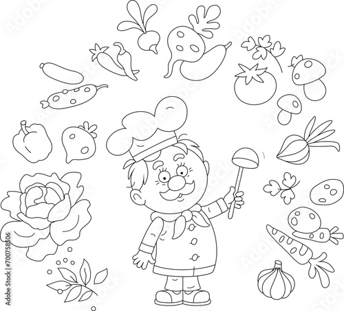 Funny cook in a white chef hat waving his ladle and thinking about an original tasty soup with fresh vegetables and spices from a kitchen garden, black and white outline vector cartoon illustration