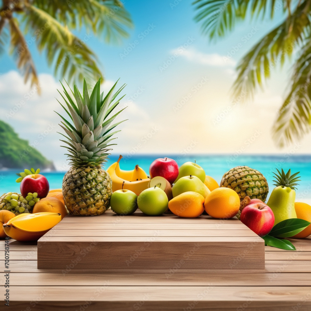 An empty wooden podium draped in a vibrant fruits-tablecloth rests atop a table, set against a dreamy tropical beach. Bokeh lights shimmer in the background, capturing the essence of summer An empty wooden podium draped in a vibrant fruits-tablecloth rests atop a table, set against a dreamy tropical beach. Bokeh lights shimmer in the background, capturing the essence of summer