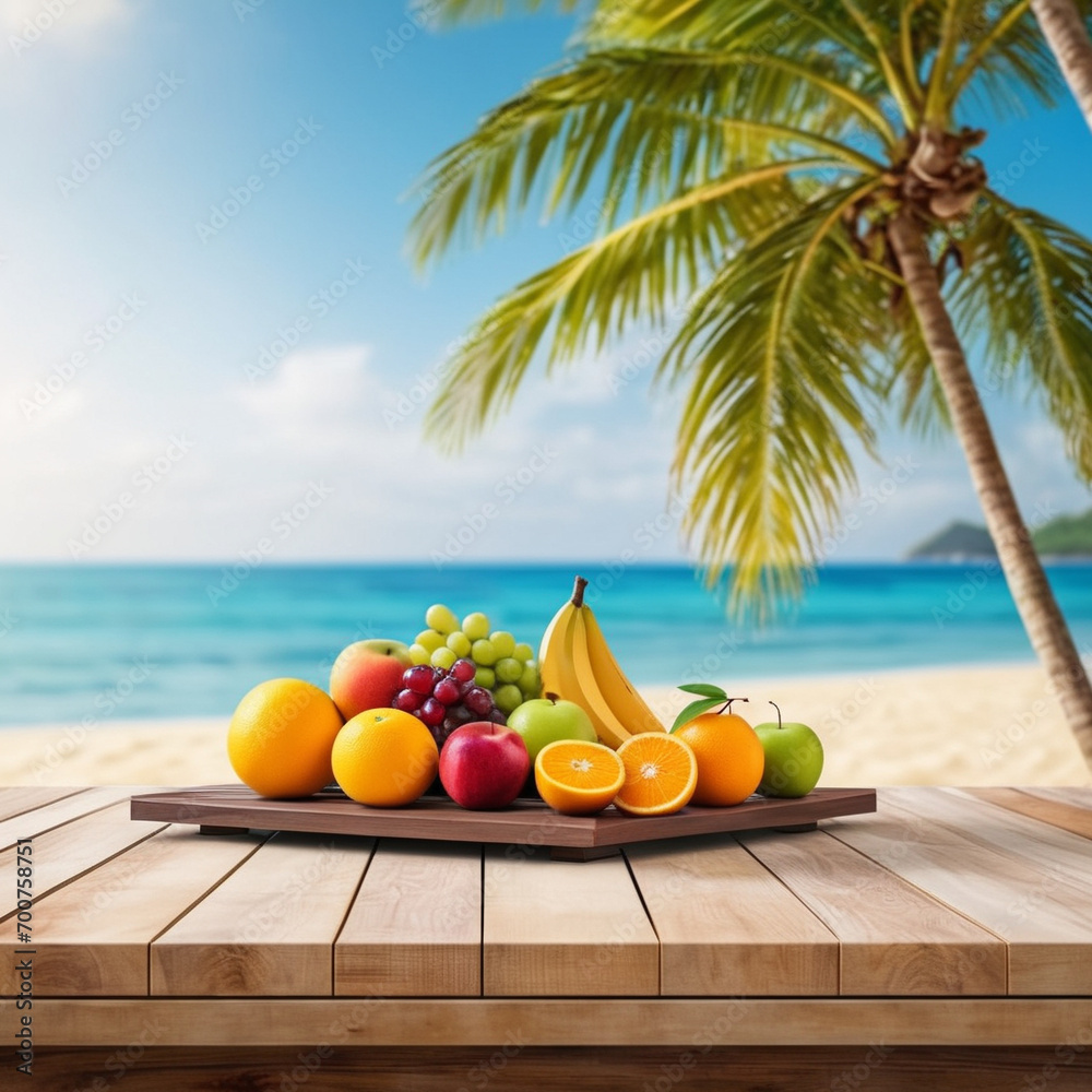 An empty wooden podium draped in a vibrant fruits-tablecloth rests atop a table, set against a dreamy tropical beach. Bokeh lights shimmer in the background, capturing the essence of summer