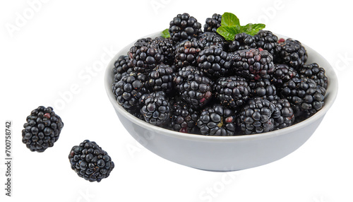 Blackberries in a bowl isolated on transparent background. Top view.