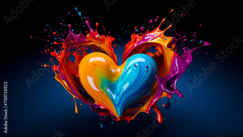 Rainbow colored liquids mixing together and form a heart shape on a clear background. Colorful 8K wallpaper.
