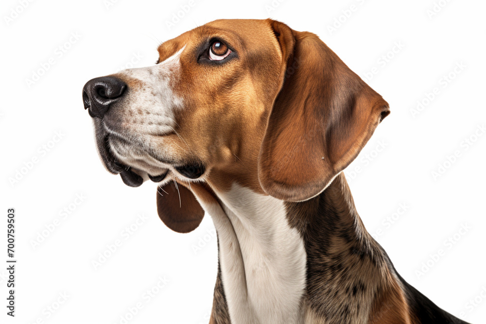 Foxhound dog close-up portrait on a white background.
Foxhound dog close-up portrait on a white background.