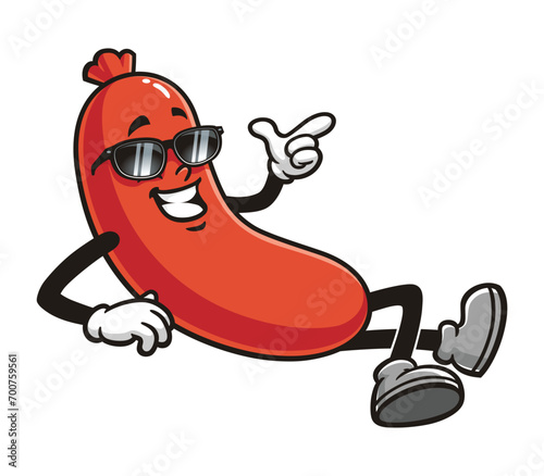 Sausage lying down relaxing and wearing sunglasses cartoon mascot illustration character vector clip art