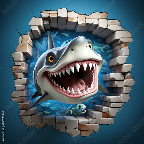 3D cartoon illustration, a shark through a hole in a brick wall