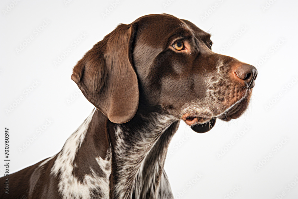 German Shorthaired Pointer dog close-up portrait on a white background.
German Shorthaired Pointer dog close-up portrait on a white background.