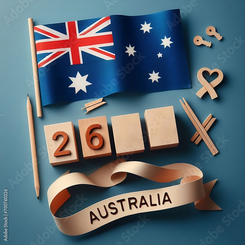 January 26, Australia Day, flag of Australia, minimalistic banner with wooden letters on a blue background created with generative ai