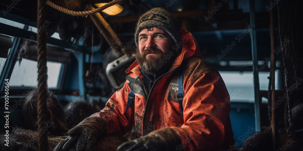 portrait of a Crab fisher on a fisher boat with raincoat 