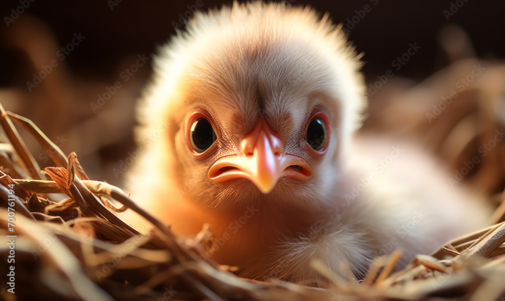 Adorable Baby Chick Peering Out with Wide Eyes from its Warm, Cozy Nest, Softly Lit in a Captivating Close-Up Portrait Adorable Baby Chick Peering Out with Wide Eyes from its Warm, Cozy Nest, Softly Lit in a Captivating Close-Up Portrait