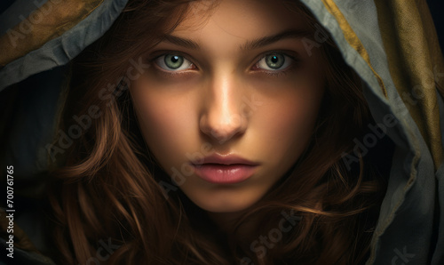 Mysterious Young Woman with Green Eyes Peering from Hooded Cloak with Golden Trim, Dark Renaissance-Inspired Portrait