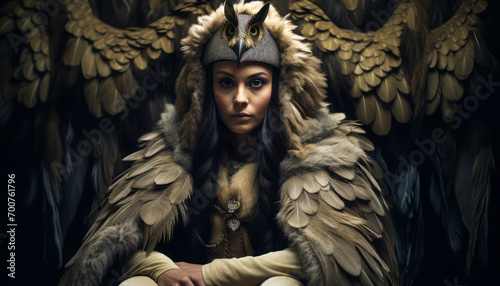 Enigmatic young woman in majestic owl costume with feathered cape and headdress, embodying mythical elegance in a dark chamber