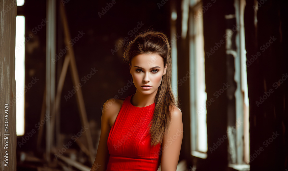 Elegant Woman in Red Sleeveless Dress Poses in an Abandoned Building, Captivating Beauty Amidst Decay Elegant Woman in Red Sleeveless Dress Poses in an Abandoned Building, Captivating Beauty Amidst Decay