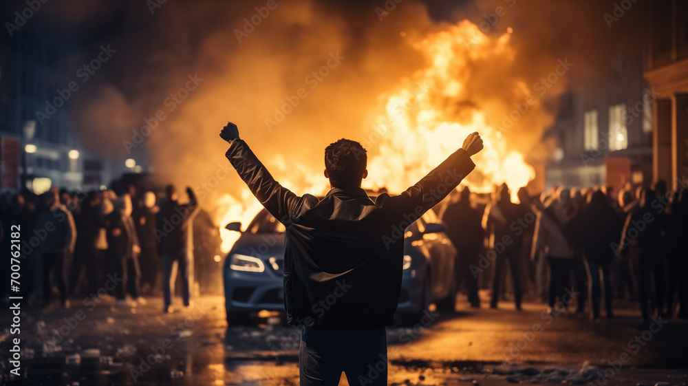 Concept protesters riot people. Back view Aggressive man without face in hood against backdrop of protests and burning cars - obrazy, fototapety, plakaty 
