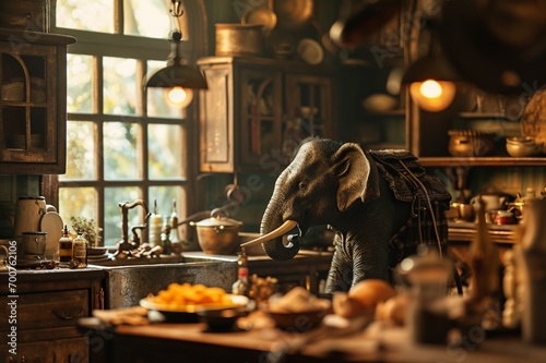 a charming chef elephant in a bustling kitchen, surrounded by cooking utensils and ingredients.  photo