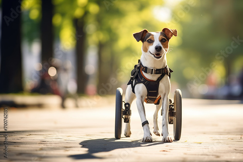 Fun Dog in wheelchair run on summer park, sunlight. Concept To not give up for happy life