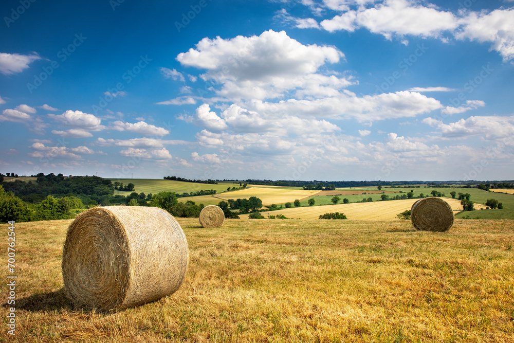 Meule de foin ou de paille au milieu des champs en été dans un paysage de France.