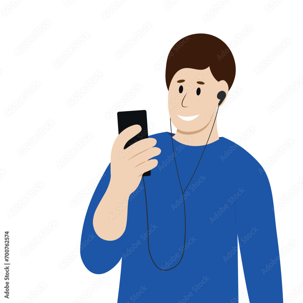 Portrait of a guy with headphones and a phone in his hand, flat vector, isolate on white