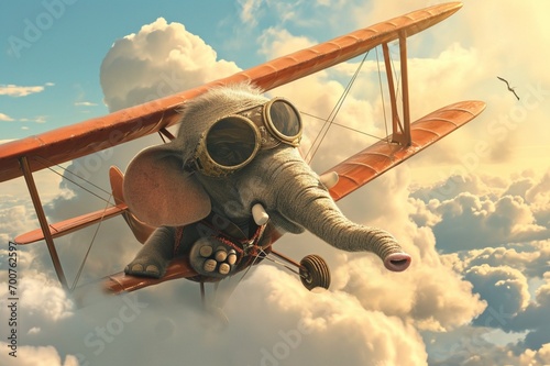 a comical cartoon elephant wearing aviator goggles and a scarf, piloting a whimsical airplane through the clouds. © Ibraheem