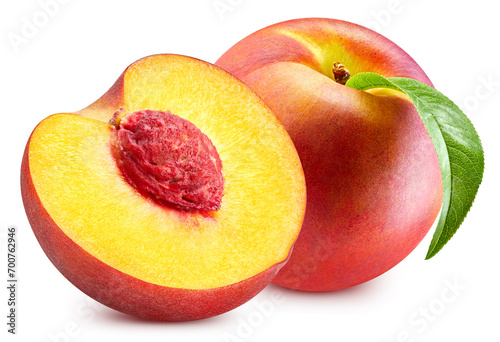 Fresh organic peach with leaves isolated