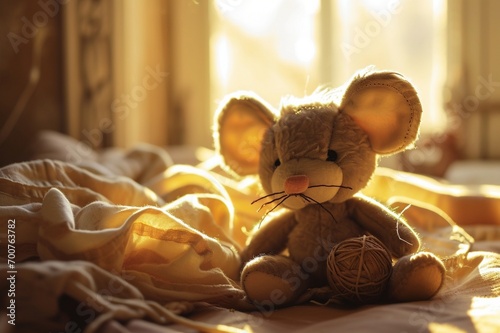 a cuddly cartoon mouse plush toy, bathed in gentle light, exuding warmth and coziness.