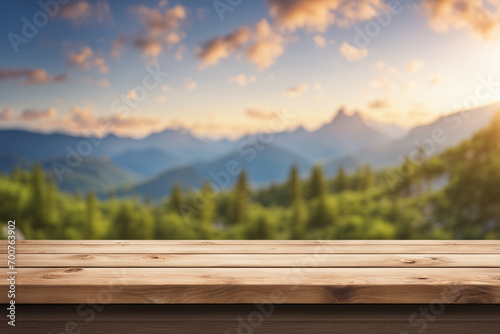 The empty wooden table with blurred background of a mountain lush image to mount your product digitally.