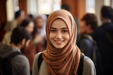 Young smiling muslim woman with hijab headscarf with blurry people in background at school or university