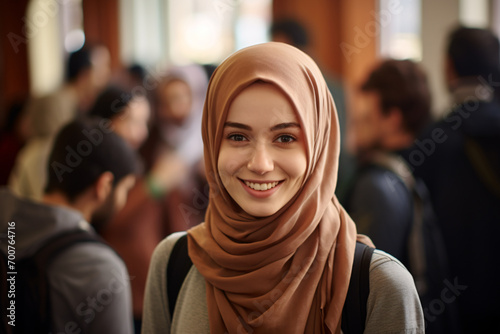 Young smiling muslim woman with hijab headscarf with blurry people in background at school or university photo