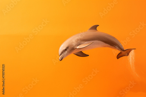 A playful dolphin spinning mid-air against a radiant orange wall.