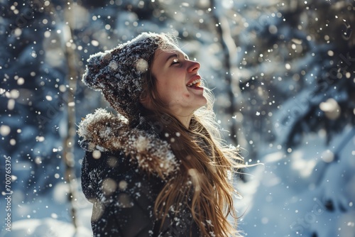 Joyful Woman Embracing Snowfall in Winter Wonderland. Generative AI.