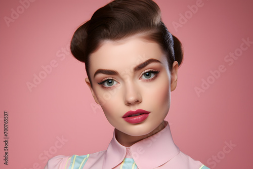 Face of pretty woman with dark hair in 60s retro updo hairstyle and makeup in front of pink background