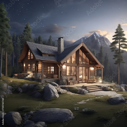 A remote alpine cottage surrounded by massive pine trees and a tranquil river ai generated image