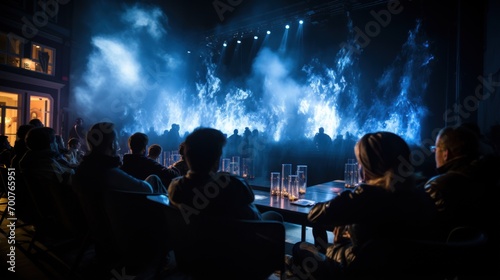 People watch a live concert on stage at night with lights and smoke