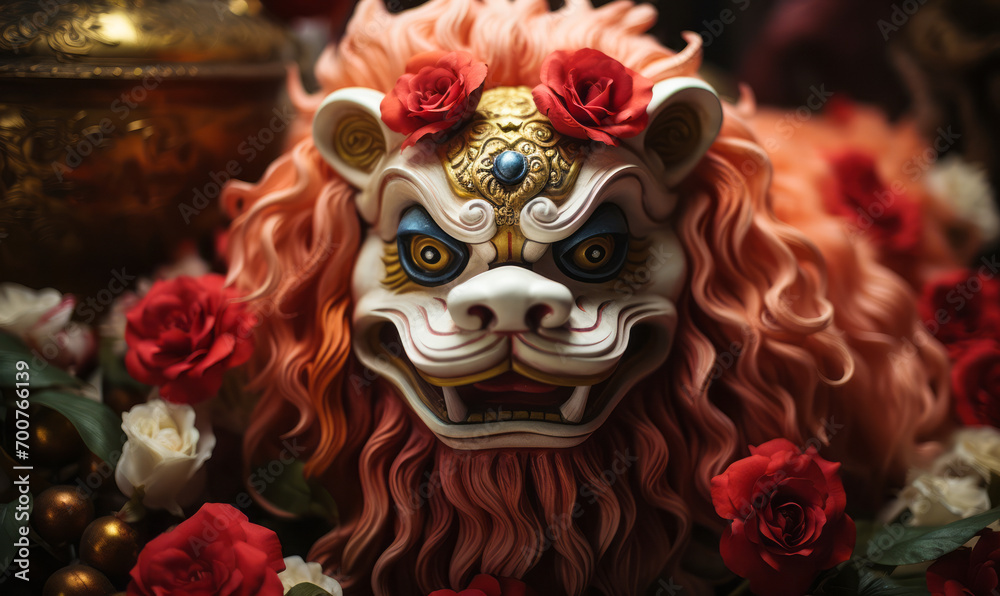 Traditional Chinese lion dance mask surrounded by red peonies, symbolizing prosperity and good fortune