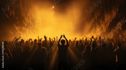 Silhouette of a crowd at a music festival with a glowing background