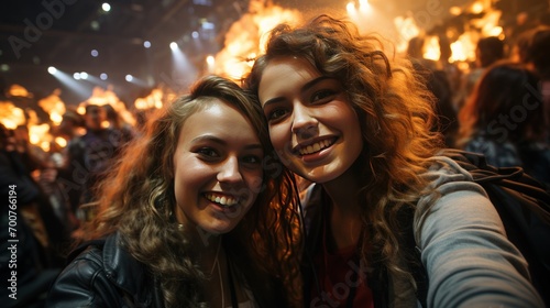 Portrait of two beautiful young women taking a selfie at the concert