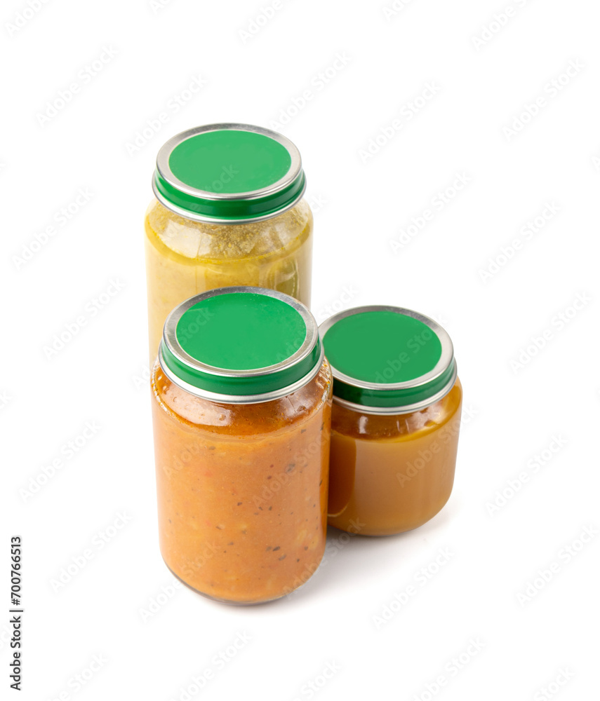 Baby Food Jar Isolated, Kid Puree Glass Bottle, Healthy Child Nutrition, Toddler Diet, Small Jar with Baby Food Baby Food Jar Isolated, Kid Puree Glass Bottle, Healthy Child Nutrition, Toddler Diet, Small Jar with Baby Food