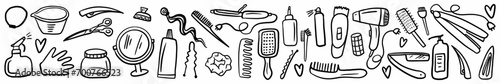 A vector collection of barber's working tools hand-drawn in a doodle style.