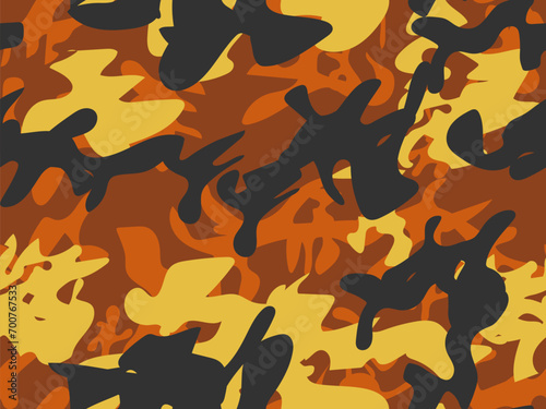 Military Camo Grunge. Abstract Vector Camouflage. Fabric Orange Military Camoflage Brown Camouflage Seamless Print. Orange Vector Texture. Yellow Modern Pattern. Yellow Army Paint. Urban Camo Print. photo