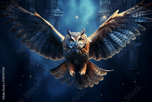 A wise owl soaring majestically against a deep indigo wall background.