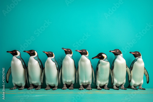 A group of penguins waddling in a coordinated manner in front of a cool teal wall.