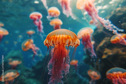 fluorescent jellyfish in the sea or ocean. underwater life. marine background.