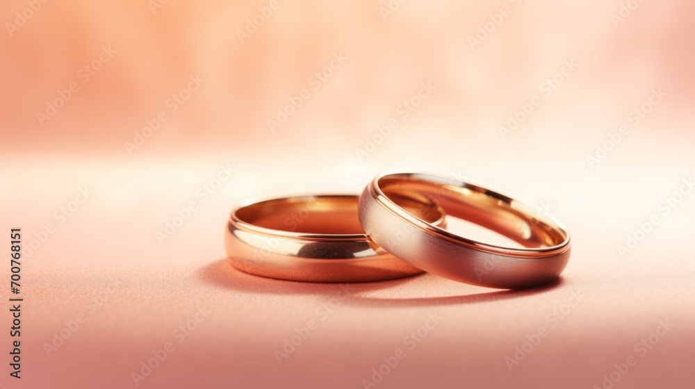 gold wedding rings and a place for text. marriage Peach Fuzz background. copy space. pink backdrop.