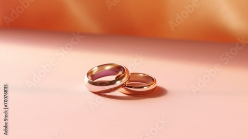 gold wedding rings and a place for text. marriage Peach Fuzz background. copy space. pink backdrop.