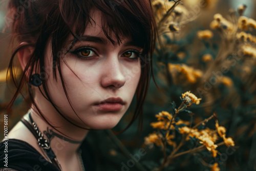 emo girl, portrait of a young lady with bright eye makeup. close-up of the face. youth subculture, fans of musical trends. photo