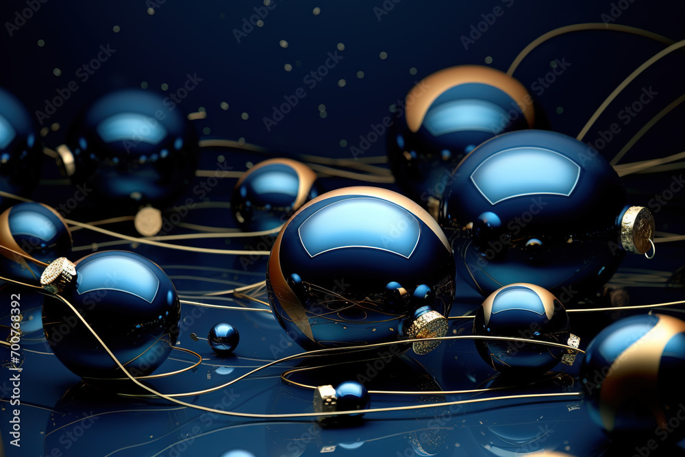Abstract blue background with blue christmas decoration balls. Ai generated.