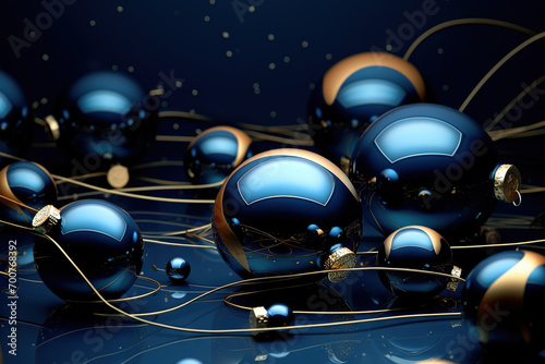 Abstract blue background with blue christmas decoration balls. Ai generated.