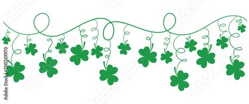 Lucky leaf clover vector, border for Irish Patricks day background. Green shamrock leaves, wavy divider isolated on transparent background, vector illustration