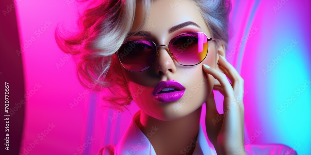 A woman with sunglasses and a pink background