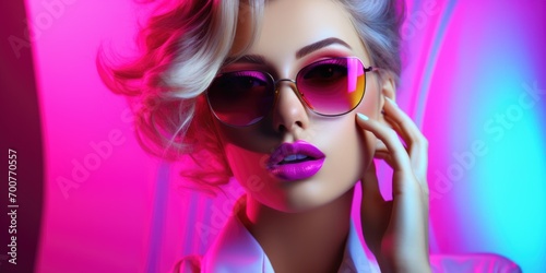 A woman with sunglasses and a pink background