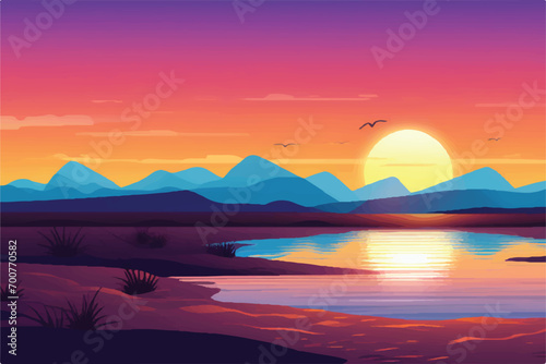 Beautiful Sunset Landscape in mountains and desert. Landscape showing view of nature and sunset. Vector illustration.