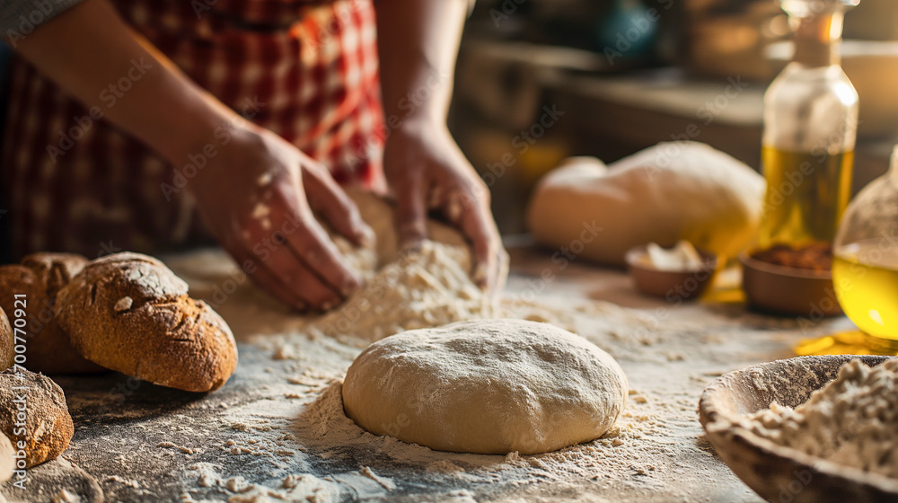 Baker's hands kneading bread. Baker's hands kneading bread.